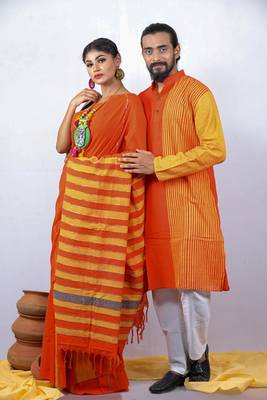Matching Combo Couple Outfit With Orange Saree And Mens Kurta 3