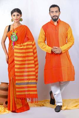 Matching Combo Couple Outfit With Orange Saree And Mens Kurta 4