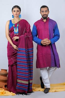 Matching Combo Couple Outfit With Maroon Saree With unstitched blouse And Mens Kurta 1