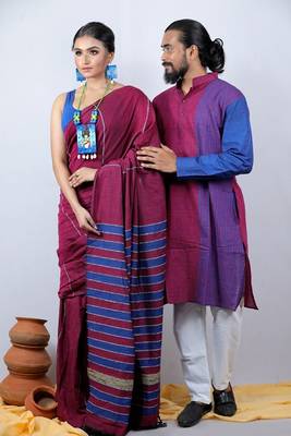 Matching Combo Couple Outfit With Maroon Saree With unstitched blouse And Mens Kurta 2