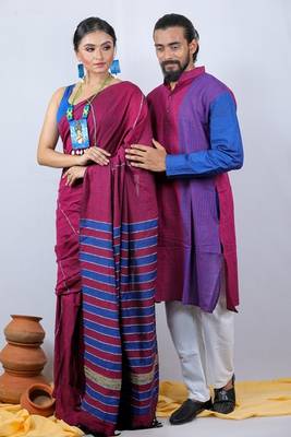 Matching Combo Couple Outfit With Maroon Saree With unstitched blouse And Mens Kurta 3