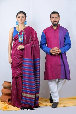 Matching Combo Couple Outfit With Maroon Saree With unstitched blouse And Mens Kurta 4