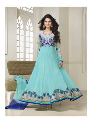 Cyan embroidered net semi stitched anarkali dress with dupatta 1