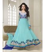 Cyan embroidered net semi stitched anarkali dress with dupatta