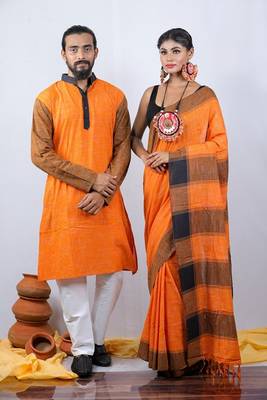 Matching Combo Couple Outfit With Yellow Saree And Mens Kurta 1