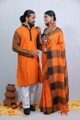 Matching Combo Couple Outfit With Yellow Saree And Mens Kurta 2