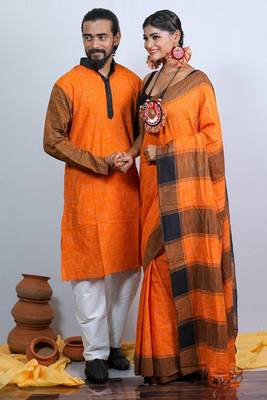 Matching Combo Couple Outfit With Yellow Saree And Mens Kurta 3