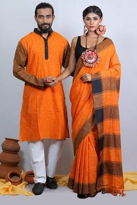 Matching Combo Couple Outfit With Yellow Saree And Mens Kurta 4