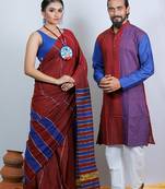 Matching Combo Couple Outfit With Maroon Saree And Mens Kurta