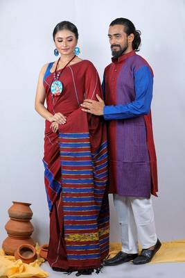 Matching Combo Couple Outfit With Maroon Saree And Mens Kurta 2