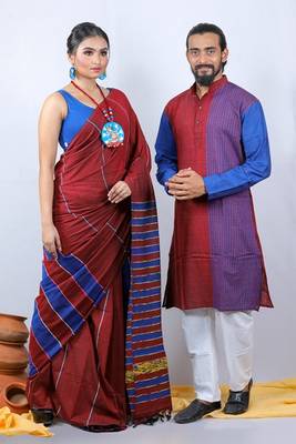 Matching Combo Couple Outfit With Maroon Saree And Mens Kurta 4
