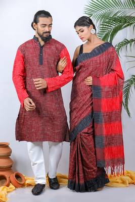 Matching Combo Couple Outfit With Red Saree And Mens Kurta 1