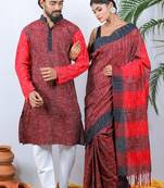 Matching Combo Couple Outfit With Red Saree And Mens Kurta