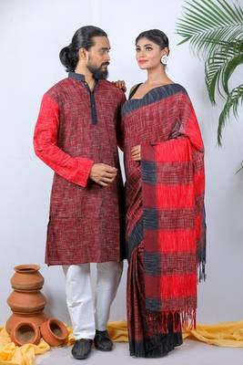 Matching Combo Couple Outfit With Red Saree And Mens Kurta 2