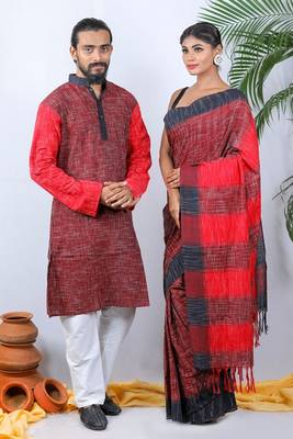 Matching Combo Couple Outfit With Red Saree And Mens Kurta 3