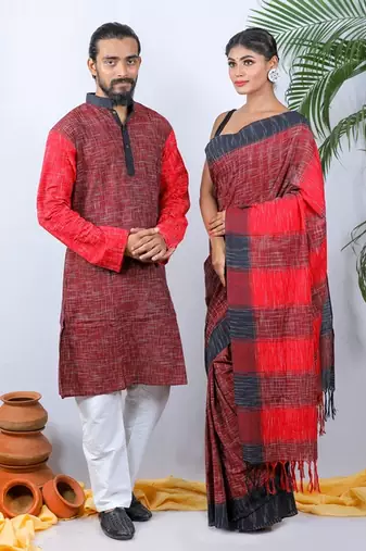 Matching Combo Couple Outfit With Red Saree And Mens Kurta