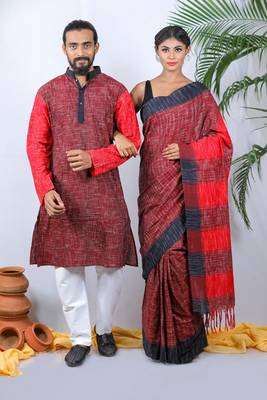 Matching Combo Couple Outfit With Red Saree And Mens Kurta 4
