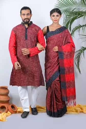 Matching Combo Couple Outfit With Red Saree And Mens Kurta