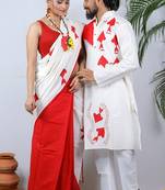 Matching Combo Couple Outfit With White Saree And Mens Kurta