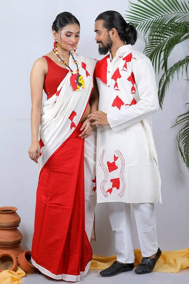 Matching Combo Couple Outfit With White Saree And Mens Kurta