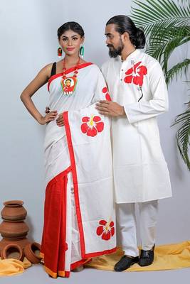 Matching Combo Couple Outfit With White Saree And Mens Kurta 1