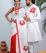 Matching Combo Couple Outfit With White Saree And Mens Kurta