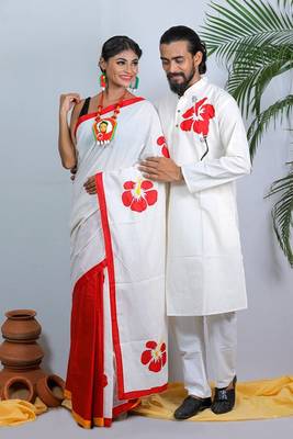 Matching Combo Couple Outfit With White Saree And Mens Kurta 2