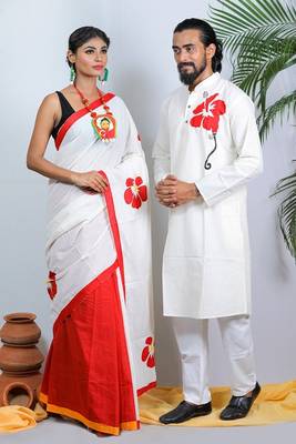Matching Combo Couple Outfit With White Saree And Mens Kurta 3