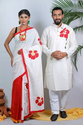 Matching Combo Couple Outfit With White Saree And Mens Kurta 4