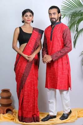 Matching Combo Couple Outfit With Red Saree And Mens Kurta 1