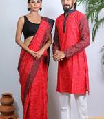 Matching Combo Couple Outfit With Red Saree And Mens Kurta