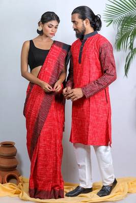 Matching Combo Couple Outfit With Red Saree And Mens Kurta 2