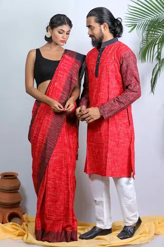 Matching Combo Couple Outfit With Red Saree And Mens Kurta