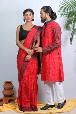 Matching Combo Couple Outfit With Red Saree And Mens Kurta 3