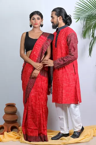 Matching Combo Couple Outfit With Red Saree And Mens Kurta