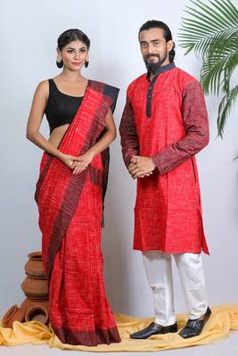 Matching Combo Couple Outfit With Red Saree And Mens Kurta 4