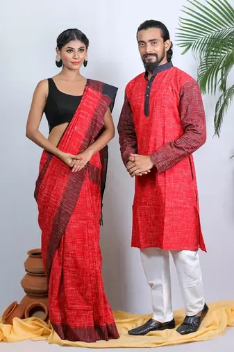 Matching Combo Couple Outfit With Red Saree And Mens Kurta