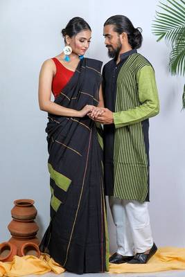 Matching Combo Couple Outfit With Black Saree And Mens Kurta 1