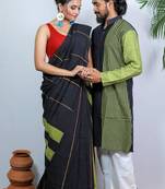 Matching Combo Couple Outfit With Black Saree And Mens Kurta