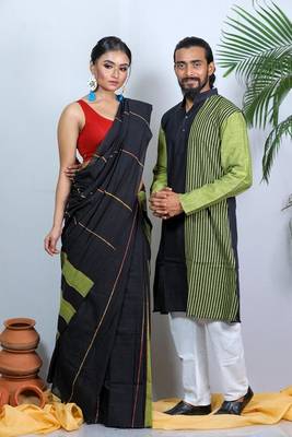 Matching Combo Couple Outfit With Black Saree And Mens Kurta 2