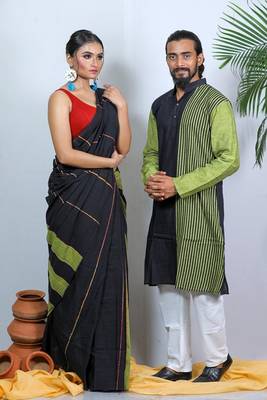 Matching Combo Couple Outfit With Black Saree And Mens Kurta 3