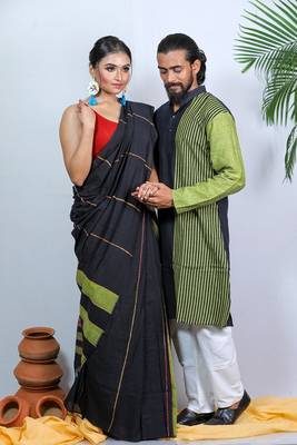 Matching Combo Couple Outfit With Black Saree And Mens Kurta 4