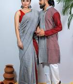 Matching Combo Couple Outfit With Grey Saree And Mens Kurta