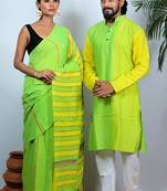Matching Combo Couple Outfit With Green Saree And Mens Kurta