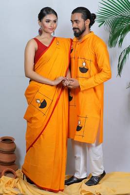 Matching Combo Couple Outfit With Yellow Saree And Mens Kurta 1