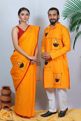Matching Combo Couple Outfit With Yellow Saree And Mens Kurta 2