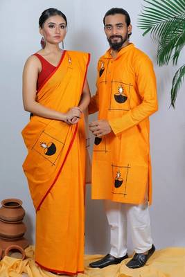 Matching Combo Couple Outfit With Yellow Saree And Mens Kurta 3