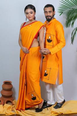 Matching Combo Couple Outfit With Yellow Saree And Mens Kurta 4