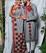 Matching Combo Couple Outfit With Grey Saree And Mens Kurta