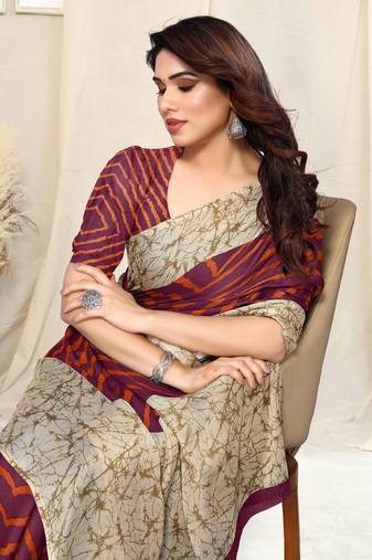 Wine Chiffon Laheriya Print  Saree With Unstitched Blouse Piece